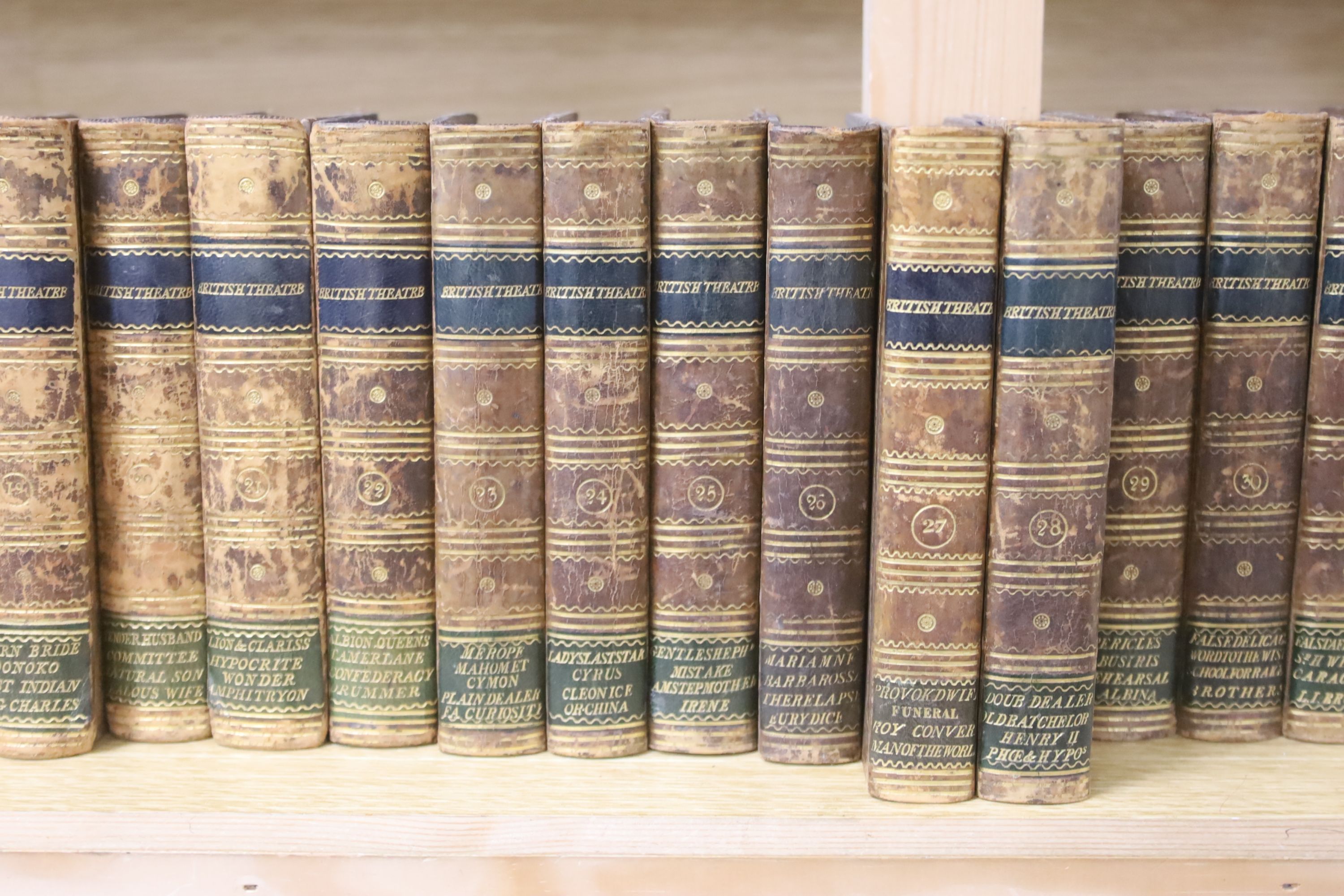 John Bell, British Theatre, 34 vols, 1791-1797, gilt-tooled tan calf, marbled end boards and a similarly-bound set of Bell's Minor Theatre